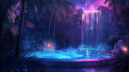Serene night scene featuring a glowing pool beside a waterfall under a starry sky surrounded by lush foliage