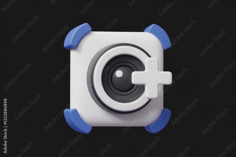 Poster 3d render of a white square button with a speaker and plus sign, indicating audio addition.