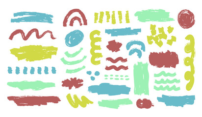 Multicolored crayon border set. Grunge through and underline elements. Highlight brush lines, shapes, elements. Big set of hand draw isolated vector objects on white background.