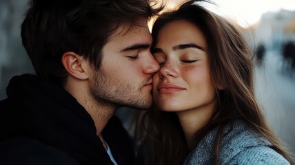 A romantic moment captured between a couple sharing a tender kiss, radiating love and intimacy against a softly blurred background.