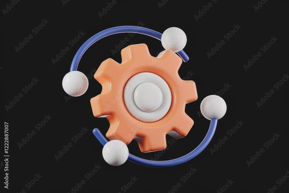 Poster a 3d render of a gear connected to spheres by curved lines, representing teamwork and interconnected