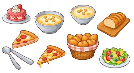 Delicious Food Illustration Pizza Soup Bread Salad Cake