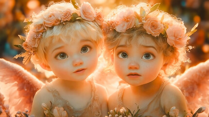 Two cute baby angels with blonde hair and big blue eyes, wearing flower crowns on their heads,
