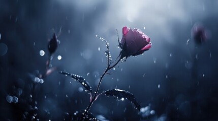 Rose in rain: captivating night scene with raindrops ethereal light