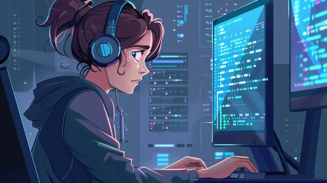 Female Programmer Analyzing Code on Computer Screen