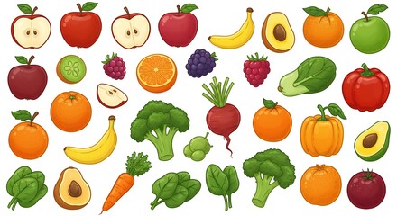 Fototapeta premium Fresh Fruit and Vegetable Collection Colorful Healthy Food Illustration