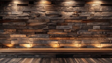 Naklejka premium Rustic Aged Wooden Wall with Uneven Planks and Ambient Lighting