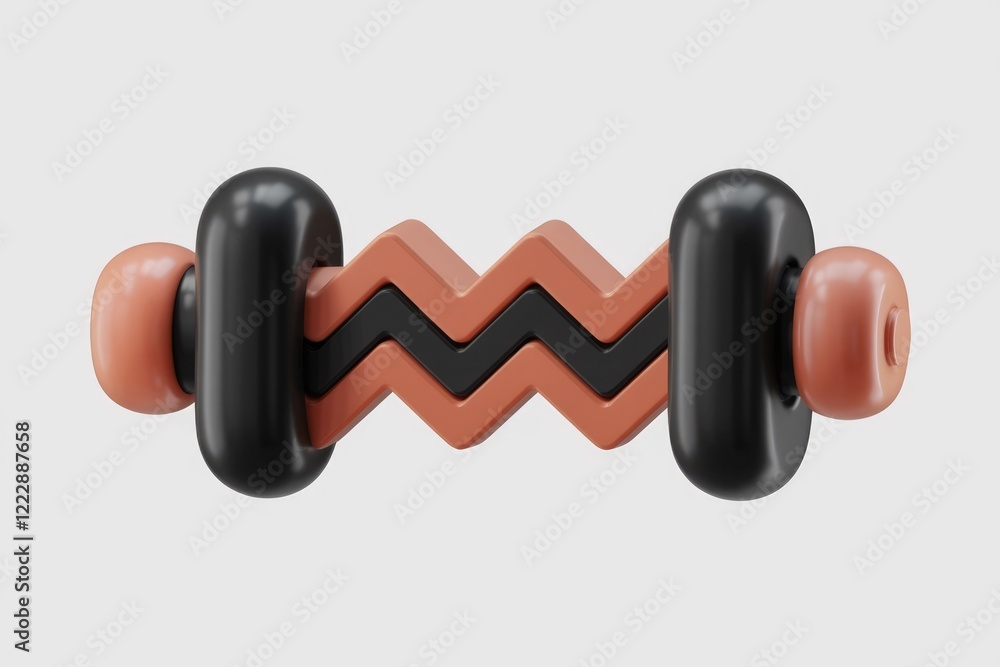 Poster abstract 3d render of interconnected black and terracotta shapes forming a zig-zag pattern.