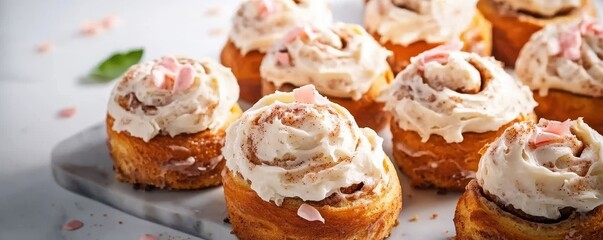 Warm cinnamon rolls topped with cream cheese frosting in a cozy setting.