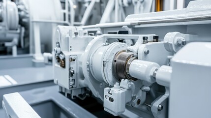 Close-up of industrial machinery showcasing intricate components and mechanisms in a factory setting