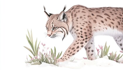 Obraz premium Lynx walking gracefully through a snowy landscape adorned with delicate flowers, showcasing nature's beauty