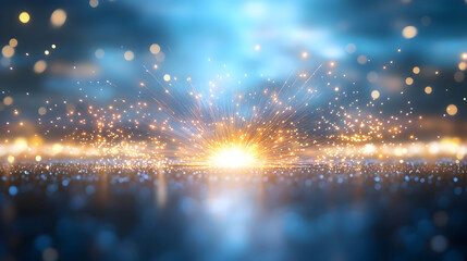 Fototapeta premium Glowing spark explosion spreading golden light on a reflective surface with a deep blue background ideal for festive themes and celebration graphics. Selective focus