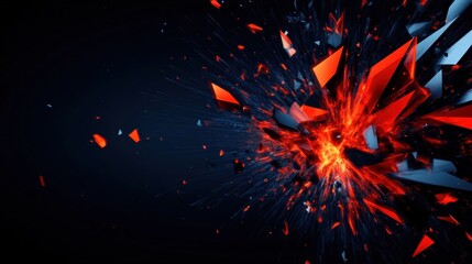 Abstract explosion of red blue geometric shapes on dark background