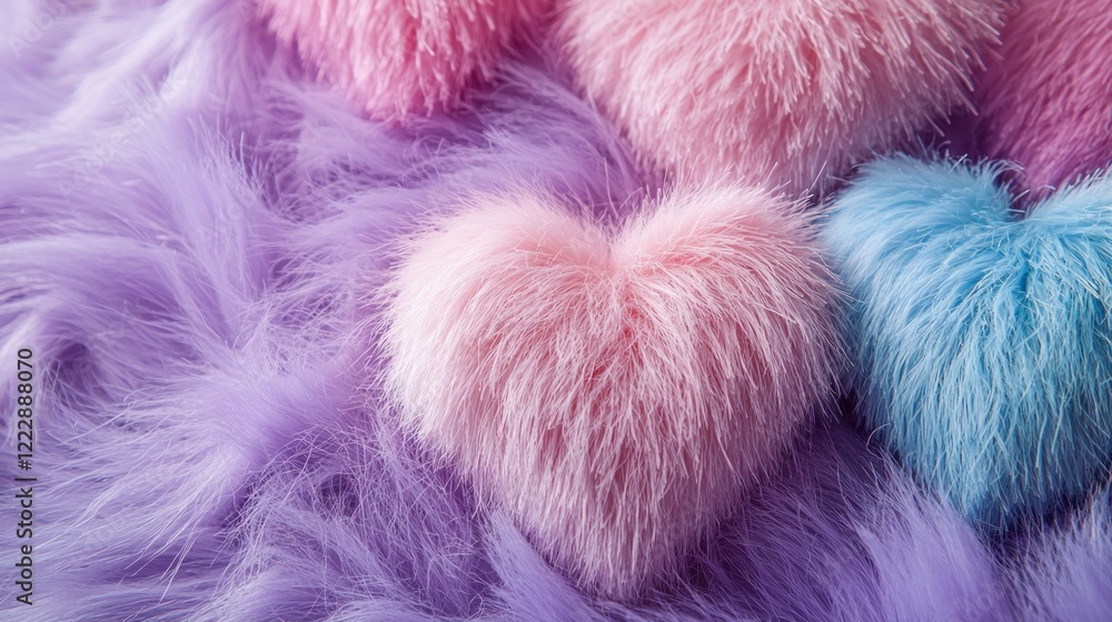 Poster soft pink and blue furry hearts are playfully arranged on a plush background of purple and light blu