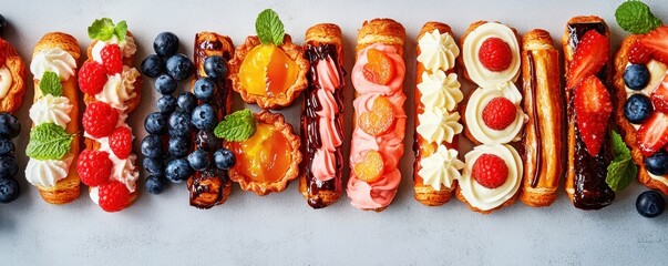 Elegant arrangement of eclairs in French patisserie style.