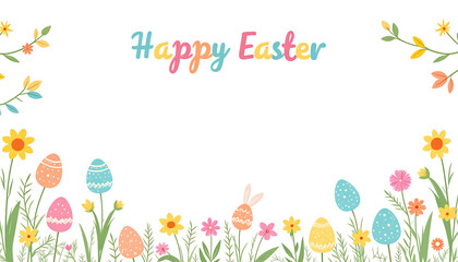 Easter eggs and flowers with colorful text on white background