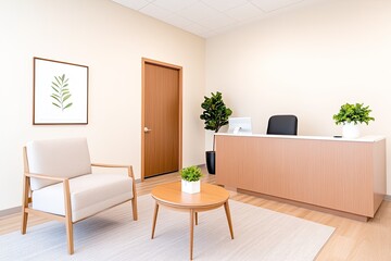 Fototapeta premium Modern office reception area featuring minimalist furniture, greenery, and a warm ambiance