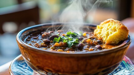 A bowl of chili with cornbread on top.