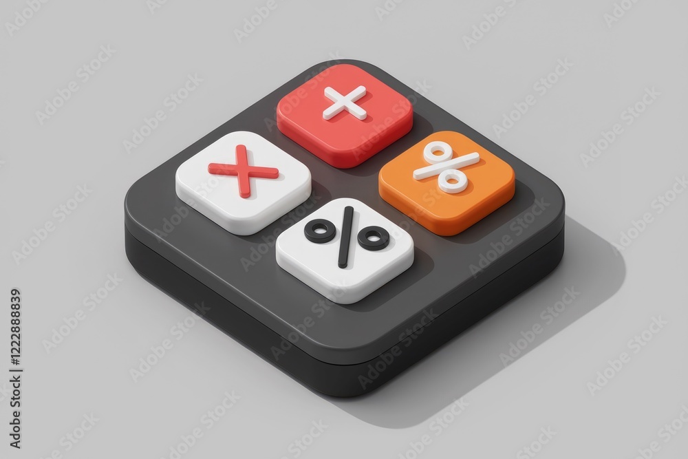Poster a 3d rendered image of a calculator with plus, minus, and percentage buttons.