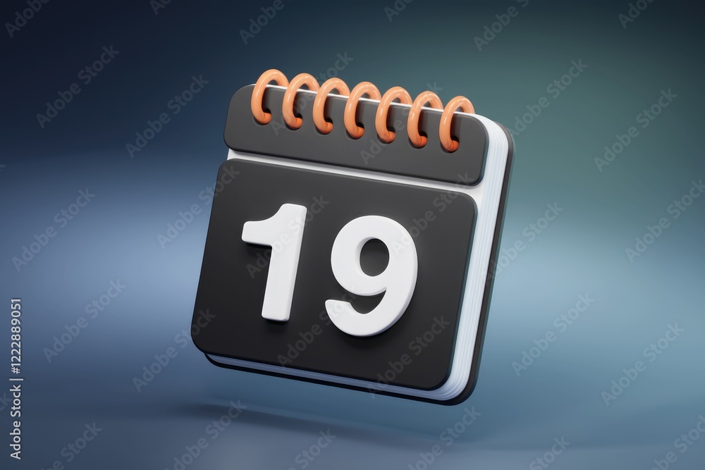 Poster a 3d render of a black spiral calendar showing the 19th.