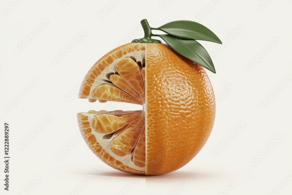Poster a 3d rendering of a halved orange showcasing its segments and texture, with leaves.