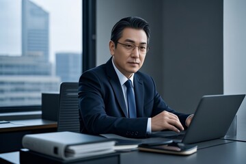 arafed asian man in suit and tie sitting at a desk with a laptop