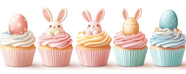 Cupcakes decorated with pastel bunny toppers and Easter egg frosting for festive celebrations