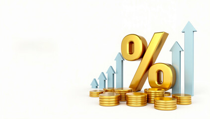 rising percentage symbol with gold coins and upward-trending graph