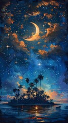 Retro purple night sky island moon stars poster background