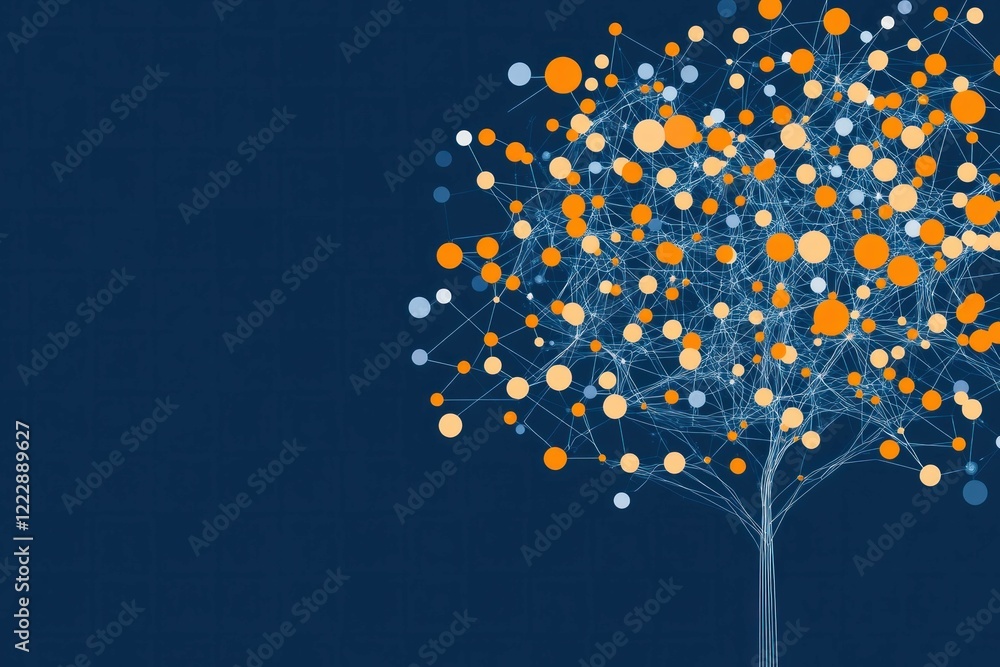 Poster abstract tree illustration with colorful dots on a dark blue background, representing interconnected