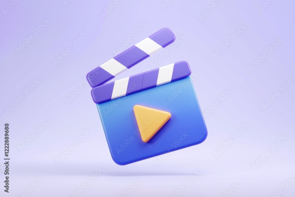 Poster 3d render of a clapperboard with a play button, symbolizing video production and media.