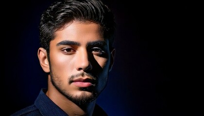 Obraz premium A colorful portrait of a person exuding mystery. Soft shadows and highlights accentuate their face, creating a dramatic atmosphere. Their gaze is slightly away, with a hint of intrigue. The background