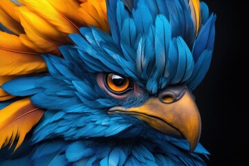 Fototapeta premium Vibrant blue orange parrot feathers close-up display