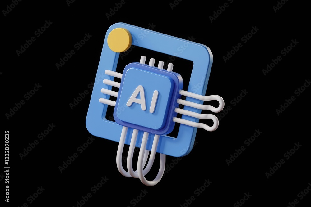 Poster 3d render of ai microchip, showcasing artificial intelligence technology with a modern design.