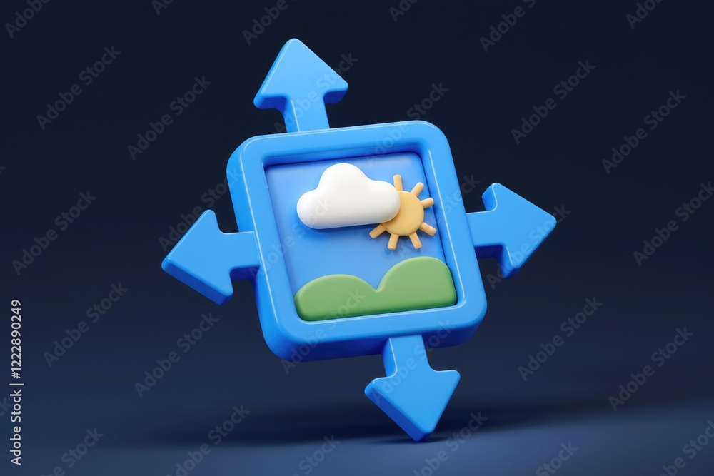 Poster 3d render of a blue image icon with arrows indicating multidirectional sharing or transfer.