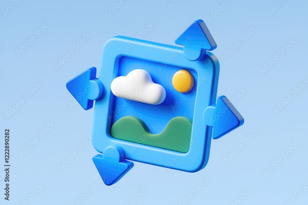 Poster 3d render of a blue image frame with arrows indicating upload and download functionality.