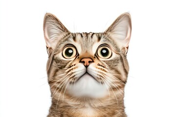 Close-up portrait of a curious cat with large eyes against a plain white background, showcasing its expression