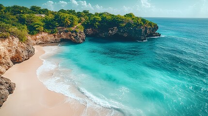 Fototapeta premium Secluded tropical beach, turquoise water, cliffside, aerial view, vacation