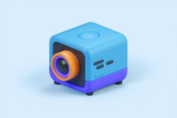 A stylized 3D model of a camera, blue and orange, minimalist design.