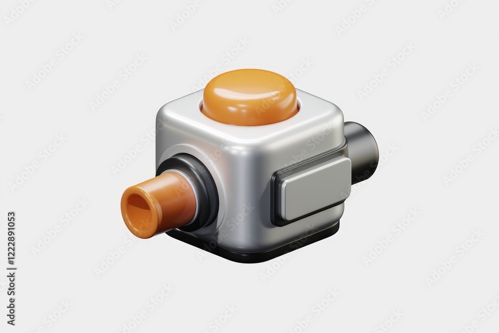 Poster a 3d render of a metallic cube with an orange button and pipe, possibly a futuristic interface eleme