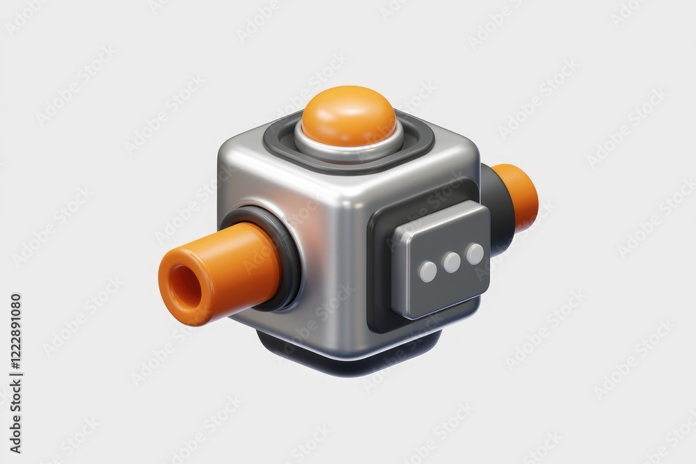 Poster 3d render of a futuristic, cube-shaped device with orange and silver elements, featuring buttons and