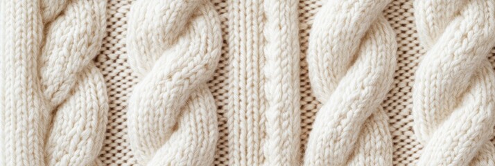 Close-up of cozy knitted wool fabric with intricate cable patterns
