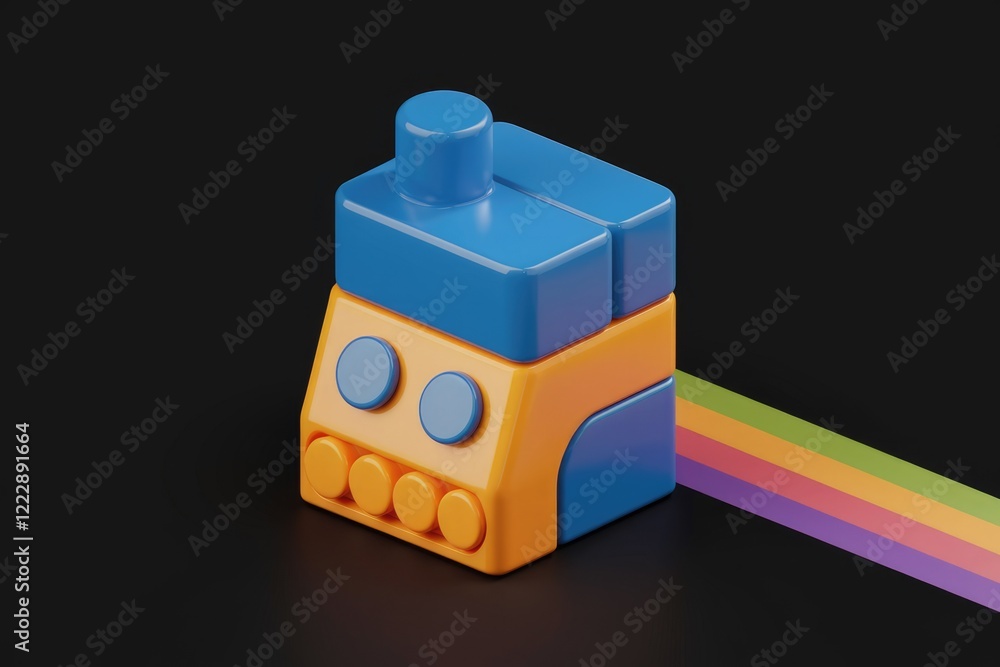 Poster abstract 3d rendering of a colorful block-like device, possibly representing technology or a gadget.