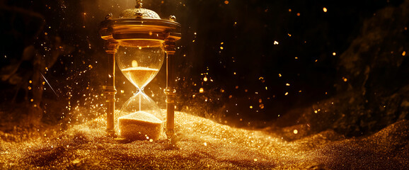 Golden hourglass with sparkling sand and glowing particles, symbolizing time passing