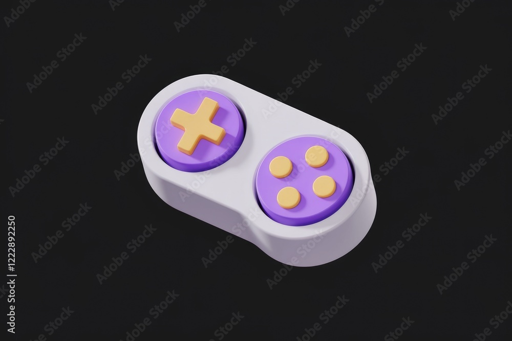 Poster a minimalist 3d render of a purple and yellow game controller, isolated on a transparent background.