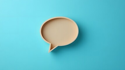 Light blue background features speech bubble cutout in paper craft style, presenting communication concept with beige balloon shape and soft shadow effects.