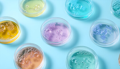 Petri dishes with different bacteria colonies on light blue background, closeup