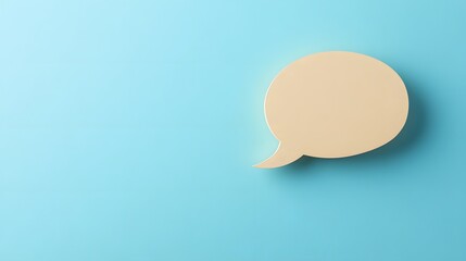 Light blue background features speech bubble cutout in paper craft style, presenting communication concept with beige balloon shape and soft shadow effects.