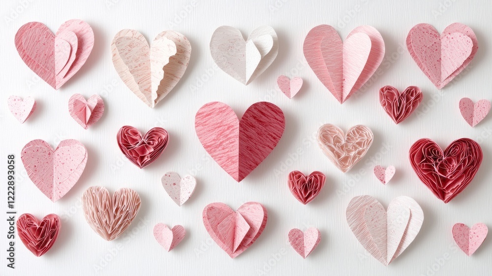 Poster crafted from layers of pink paper, these hearts float gently across a soft backdrop, offering a char