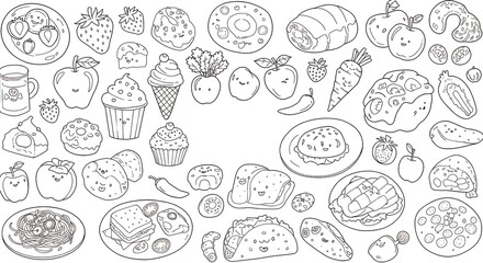 Cute Food Coloring Page Printable Kawaii Snacks and Dishes